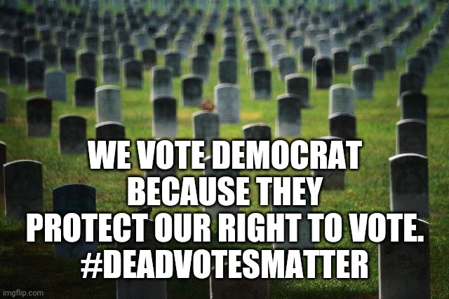 graveyard cemetary | WE VOTE DEMOCRAT BECAUSE THEY PROTECT OUR RIGHT TO VOTE.
#DEADVOTESMATTER | image tagged in graveyard cemetary | made w/ Imgflip meme maker