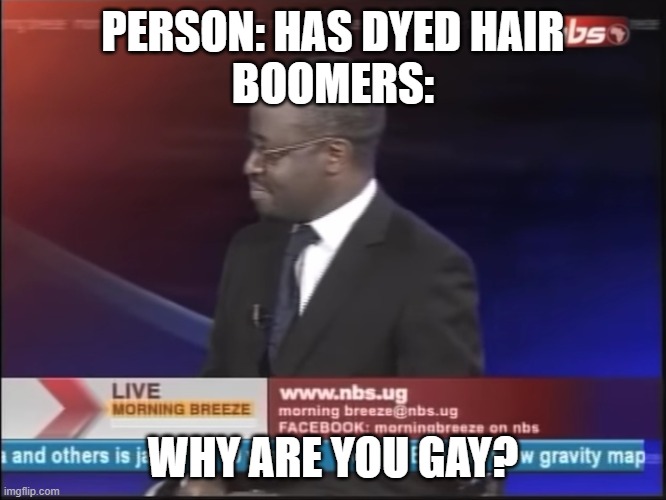why are you gay | PERSON: HAS DYED HAIR
BOOMERS:; WHY ARE YOU GAY? | image tagged in why are you gay | made w/ Imgflip meme maker