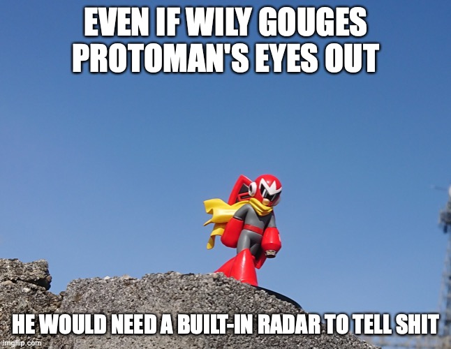 Protoman on the Roof | EVEN IF WILY GOUGES PROTOMAN'S EYES OUT; HE WOULD NEED A BUILT-IN RADAR TO TELL SHIT | image tagged in protoman,megaman,memes | made w/ Imgflip meme maker