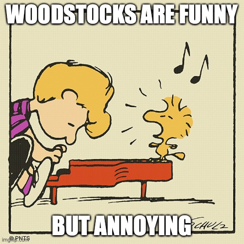 Woodstock | WOODSTOCKS ARE FUNNY; BUT ANNOYING | image tagged in peanuts,memes | made w/ Imgflip meme maker