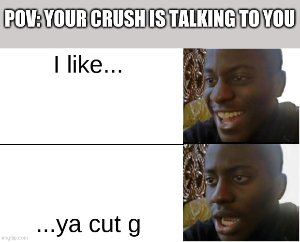 wait what | POV: YOUR CRUSH IS TALKING TO YOU; I like... ...ya cut g | image tagged in disappointed black guy,bruh moment,bruh,certified bruh moment | made w/ Imgflip meme maker