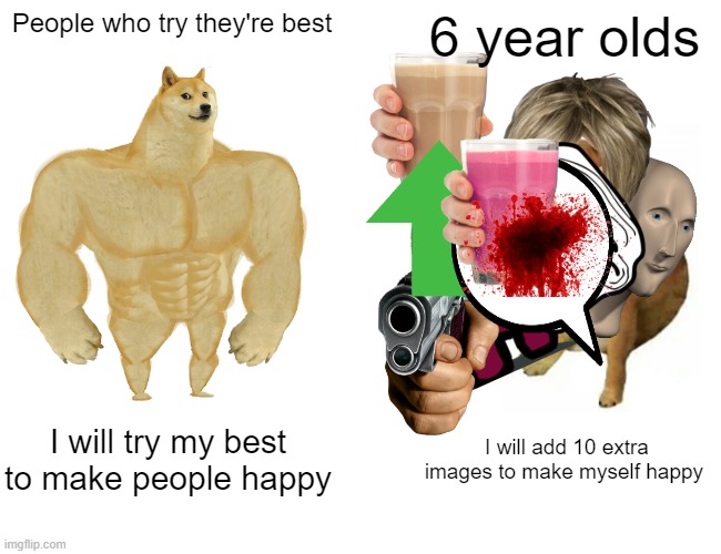 I'm not funny gotta admit it | People who try they're best; 6 year olds; I will try my best to make people happy; I will add 10 extra images to make myself happy | image tagged in memes,buff doge vs cheems | made w/ Imgflip meme maker