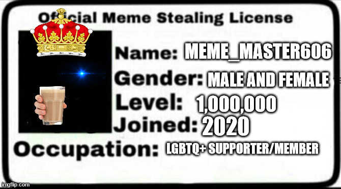 Meme Stealing License | MEME_MASTER606; MALE AND FEMALE; 1,000,000; 2020; LGBTQ+ SUPPORTER/MEMBER | image tagged in meme stealing license | made w/ Imgflip meme maker