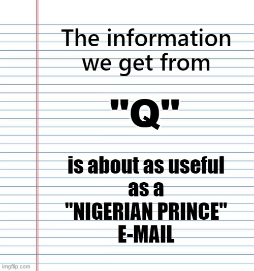 Tell us ALL what is NOT going to happen! | The information
we get from; "Q"; is about as useful
as a
"NIGERIAN PRINCE"
E-MAIL | image tagged in politics,political meme,qanon,conspiracy theory | made w/ Imgflip meme maker