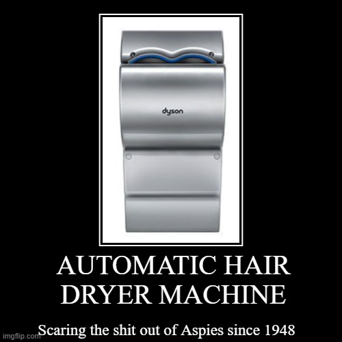 Automatic hand dryer are sooo scary, am I right ? | AUTOMATIC HAIR DRYER MACHINE | Scaring the shit out of Aspies since 1948 | image tagged in funny,memes,hand dryer,asperger | made w/ Imgflip demotivational maker