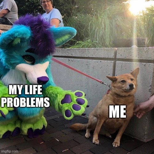 Ooooof | ME; MY LIFE PROBLEMS | image tagged in dog afraid of furry | made w/ Imgflip meme maker