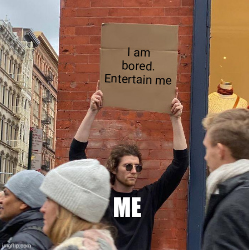 I am bored. Entertain me; ME | image tagged in memes,guy holding cardboard sign | made w/ Imgflip meme maker