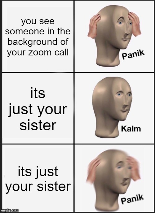 relatable | you see someone in the background of your zoom call; its just your sister; its just your sister | image tagged in memes,panik kalm panik | made w/ Imgflip meme maker