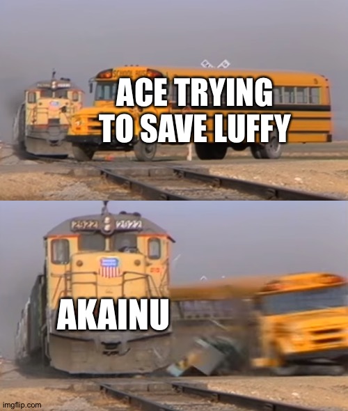 A train hitting a school bus | ACE TRYING TO SAVE LUFFY; AKAINU | image tagged in a train hitting a school bus | made w/ Imgflip meme maker