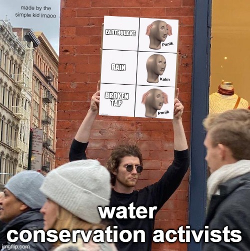water | made by the simple kid lmaoo; water conservation activists | image tagged in memes,guy holding cardboard sign,meme inside a meme | made w/ Imgflip meme maker