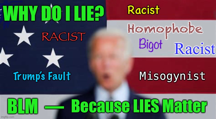 At Least He’s CONSISTENT      <neverwoke> | Racist; WHY DO I LIE? Homophobe; RACIST; Racist; Bigot; Trump’s Fault; Misogynist; Because LIES Matter; BLM  — | image tagged in biden screws america again,demonrats,liar,plagiarizer,evil,honesty hurts democrats | made w/ Imgflip meme maker