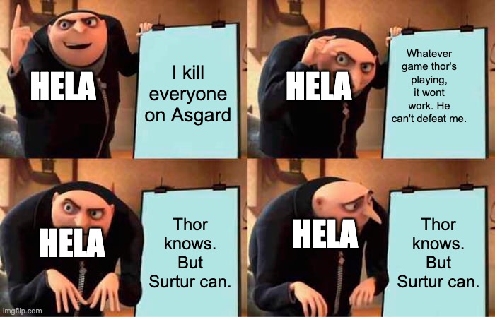 I was bored and I'm a marvel nerd so I made this. | Whatever game thor's playing, it wont work. He can't defeat me. I kill everyone on Asgard; HELA; HELA; Thor knows. But Surtur can. Thor knows. But Surtur can. HELA; HELA | image tagged in memes,gru's plan | made w/ Imgflip meme maker