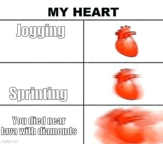 Heart rate | Jogging; Sprinting; You died near lava with diamonds | image tagged in heart rate | made w/ Imgflip meme maker
