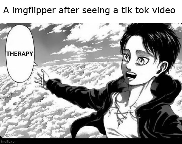 attack of titan therapy | A imgflipper after seeing a tik tok video | image tagged in therapy,anime meme,attack on titan | made w/ Imgflip meme maker