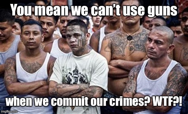 MS13 Family Pic | You mean we can’t use guns when we commit our crimes? WTF?! | image tagged in ms13 family pic | made w/ Imgflip meme maker