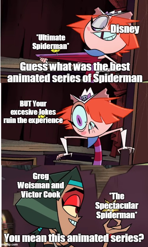 I watch the 2 seasons of Spectacular Spiderman and yeah It's Excellent | Disney; *Ultimate Spiderman*; Guess what was the best animated series of Spiderman; BUT Your excesive Jokes ruin the experience; Greg Weisman and Victor Cook; *The Spectacular Spiderman*; You mean this animated series? | image tagged in you mean this badge | made w/ Imgflip meme maker