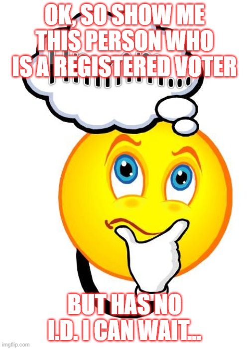Voter I.D.??? | OK, SO SHOW ME THIS PERSON WHO IS A REGISTERED VOTER; BUT HAS NO I.D. I CAN WAIT... | image tagged in voters,confused,why | made w/ Imgflip meme maker