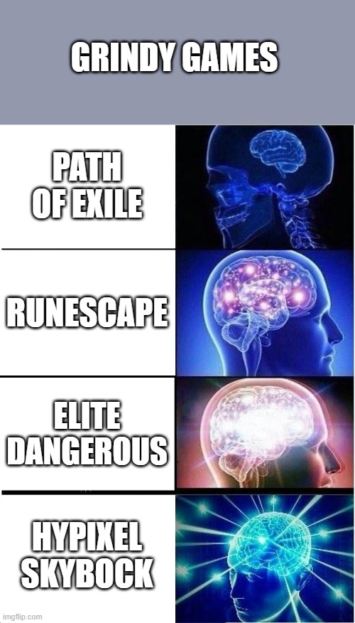 Grinding | GRINDY GAMES; PATH OF EXILE; RUNESCAPE; ELITE DANGEROUS; HYPIXEL SKYBOCK | image tagged in memes,expanding brain,grinding | made w/ Imgflip meme maker