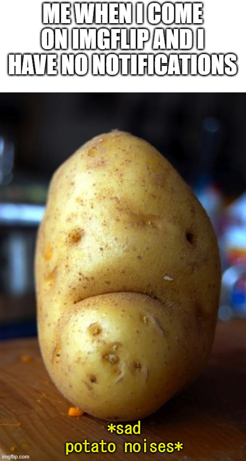sad potato |  ME WHEN I COME ON IMGFLIP AND I HAVE NO NOTIFICATIONS; *sad potato noises* | image tagged in sad potato,memes | made w/ Imgflip meme maker