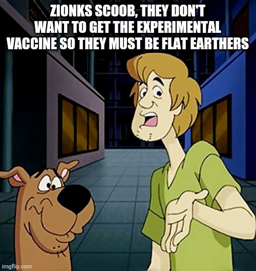 Liberal logic | ZIONKS SCOOB, THEY DON'T WANT TO GET THE EXPERIMENTAL VACCINE SO THEY MUST BE FLAT EARTHERS | image tagged in shaggy explaining,vaccine,experiment | made w/ Imgflip meme maker