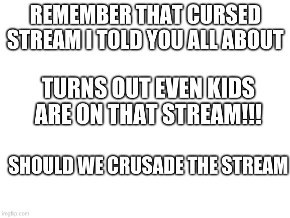 Thanks you to PPolice_FBI_Agent for the ifo about the child part | REMEMBER THAT CURSED STREAM I TOLD YOU ALL ABOUT; TURNS OUT EVEN KIDS ARE ON THAT STREAM!!! SHOULD WE CRUSADE THE STREAM | image tagged in blank white template | made w/ Imgflip meme maker