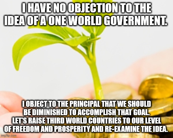 One world government | I HAVE NO OBJECTION TO THE IDEA OF A ONE WORLD GOVERNMENT. I OBJECT TO THE PRINCIPAL THAT WE SHOULD BE DIMINISHED TO ACCOMPLISH THAT GOAL. LET'S RAISE THIRD WORLD COUNTRIES TO OUR LEVEL OF FREEDOM AND PROSPERITY AND RE-EXAMINE THE IDEA. | image tagged in prosperity | made w/ Imgflip meme maker