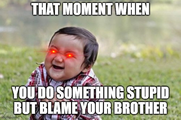 Evil Toddler Meme | THAT MOMENT WHEN; YOU DO SOMETHING STUPID BUT BLAME YOUR BROTHER | image tagged in memes,evil toddler | made w/ Imgflip meme maker