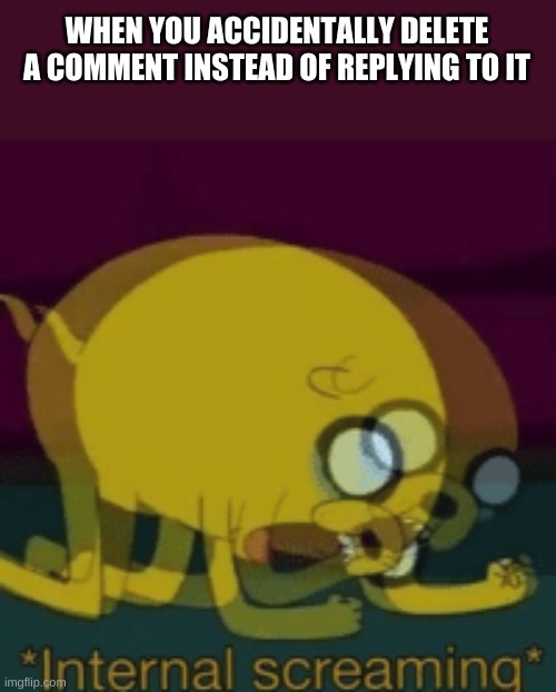 REEEEEEEEEEEEEE | WHEN YOU ACCIDENTALLY DELETE A COMMENT INSTEAD OF REPLYING TO IT | image tagged in jake the dog internal screaming | made w/ Imgflip meme maker