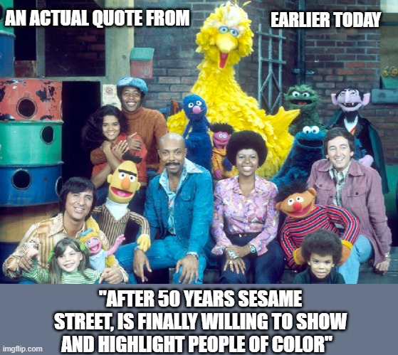 this is the show from "I believe the early 80's" | AN ACTUAL QUOTE FROM; EARLIER TODAY; "AFTER 50 YEARS SESAME STREET, IS FINALLY WILLING TO SHOW AND HIGHLIGHT PEOPLE OF COLOR" | image tagged in biden,trump,race,maga | made w/ Imgflip meme maker