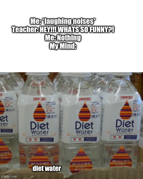 diet water | Me: *laughing noises*
Teacher: HEY!!! WHATS SO FUNNY?!
Me: Nothing
My Mind:; diet water | image tagged in stop reading the tags,funny,memes,water | made w/ Imgflip meme maker