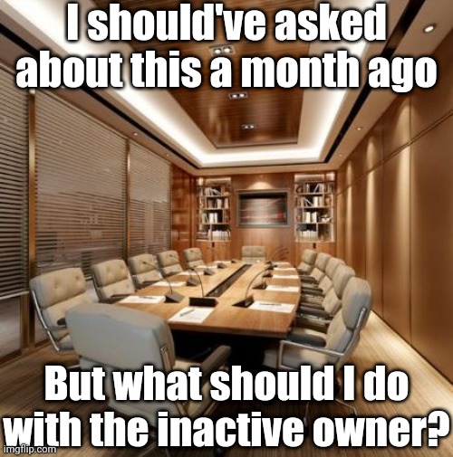 Suggestions | I should've asked about this a month ago; But what should I do with the inactive owner? | image tagged in luxury conference room | made w/ Imgflip meme maker