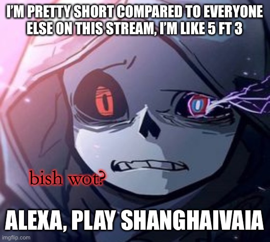 *sad short noises | I’M PRETTY SHORT COMPARED TO EVERYONE ELSE ON THIS STREAM, I’M LIKE 5 FT 3; ALEXA, PLAY SHANGHAIVAIA | image tagged in dust sans bish wot | made w/ Imgflip meme maker