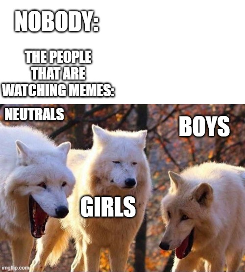 NOBODY:; THE PEOPLE THAT ARE WATCHING MEMES:; NEUTRALS; BOYS; GIRLS | image tagged in blank white template,laughing wolf | made w/ Imgflip meme maker