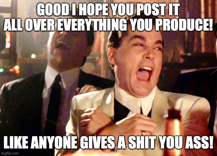 Good Fellas Hilarious Meme | GOOD I HOPE YOU POST IT ALL OVER EVERYTHING YOU PRODUCE! LIKE ANYONE GIVES A SHIT YOU ASS! | image tagged in memes,good fellas hilarious | made w/ Imgflip meme maker