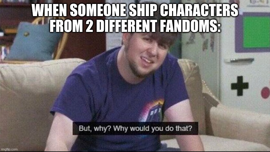 But why... | WHEN SOMEONE SHIP CHARACTERS FROM 2 DIFFERENT FANDOMS: | image tagged in but why why would you do that | made w/ Imgflip meme maker