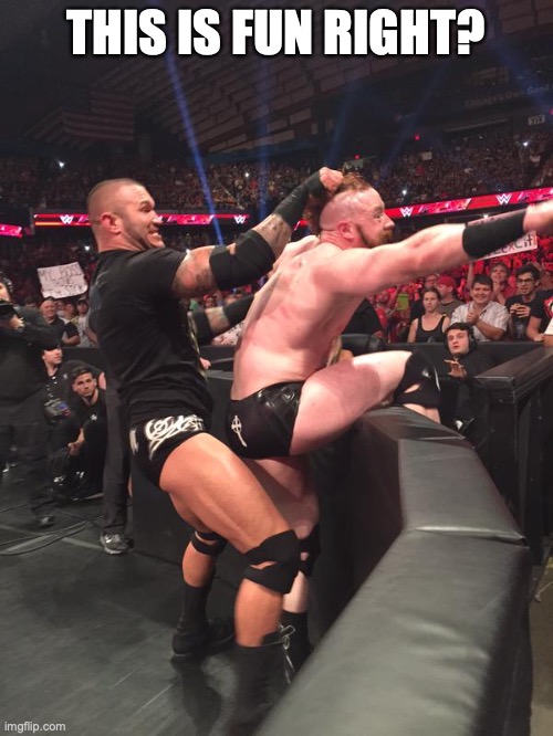 wwe randy ortan having fun with sheamus  | THIS IS FUN RIGHT? | image tagged in wwe randy ortan having fun with sheamus | made w/ Imgflip meme maker