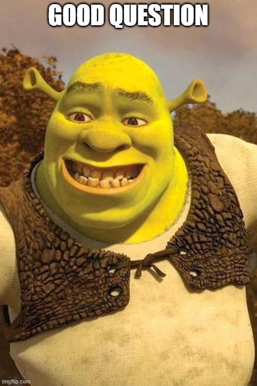 Smiling Shrek | GOOD QUESTION | image tagged in smiling shrek | made w/ Imgflip meme maker