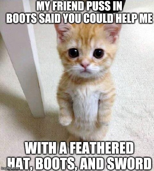Puss in Boots recommendation | MY FRIEND PUSS IN BOOTS SAID YOU COULD HELP ME; WITH A FEATHERED HAT, BOOTS, AND SWORD | image tagged in memes,cute cat | made w/ Imgflip meme maker