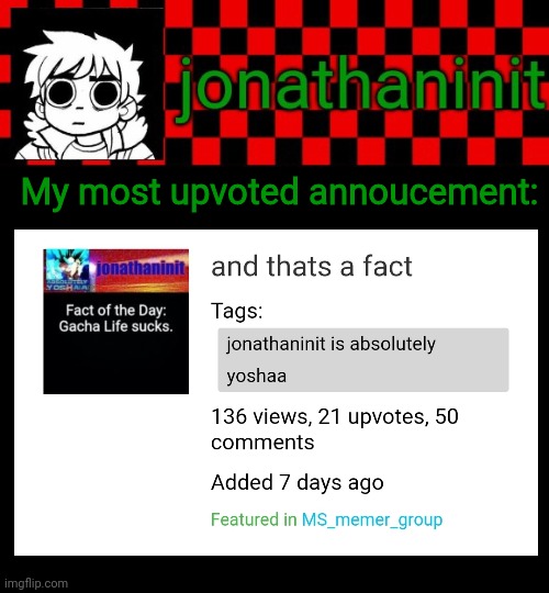 I spoke a bit of truth that day | My most upvoted annoucement: | image tagged in jonathaninit template but the pfp is my favorite character | made w/ Imgflip meme maker