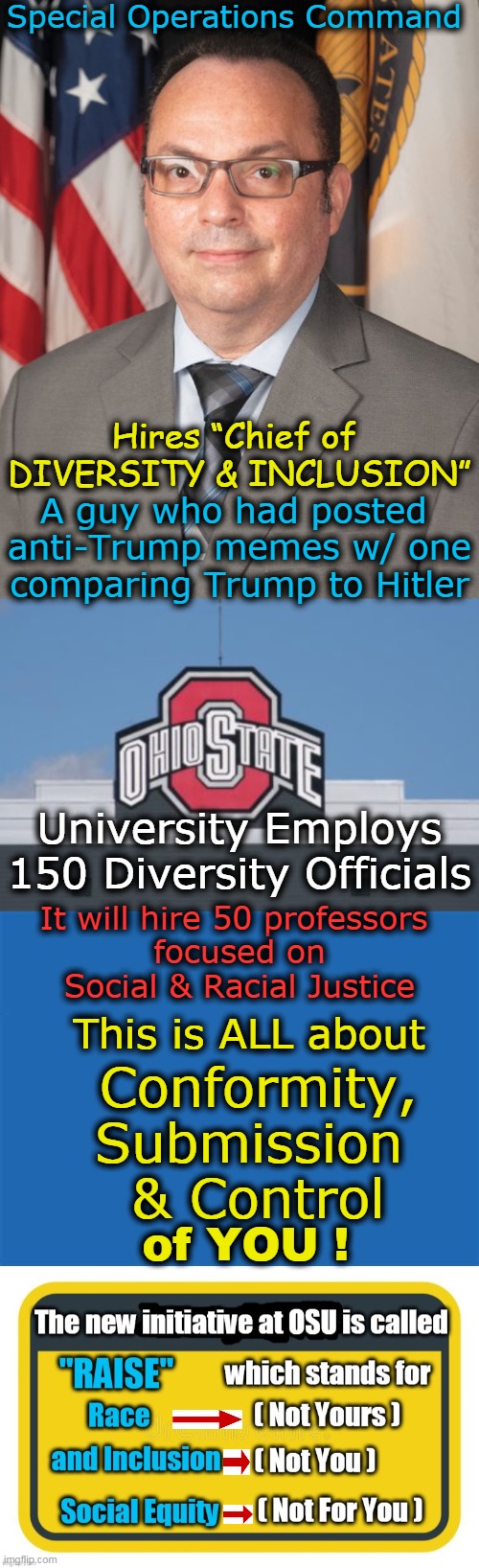 Intolerant Liberals Do Not Believe In Inclusion (UNLESS You Believe As They Do)... | Special Operations Command; Hires “Chief of 
DIVERSITY & INCLUSION”; A guy who had posted 
anti-Trump memes w/ one

comparing Trump to Hitler; University Employs 150 Diversity Officials; It will hire 50 professors 

focused on
Social & Racial Justice; This is ALL about; Conformity,
Submission 
& Control; of YOU ! | image tagged in political meme,intolerance,liberal hypocrisy,conformity,submission,control | made w/ Imgflip meme maker