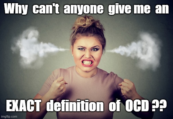 Can I get some HELP HERE?? | Why  can't  anyone  give me  an; EXACT  definition  of  OCD ?? | image tagged in pissed woman steam coming out of ears 580x400,ocd,obsessive-compulsive,rick75230 | made w/ Imgflip meme maker