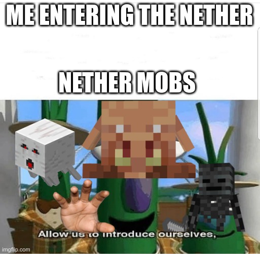 when you enter the nether | ME ENTERING THE NETHER; NETHER MOBS | image tagged in allow us to introduce ourselves | made w/ Imgflip meme maker