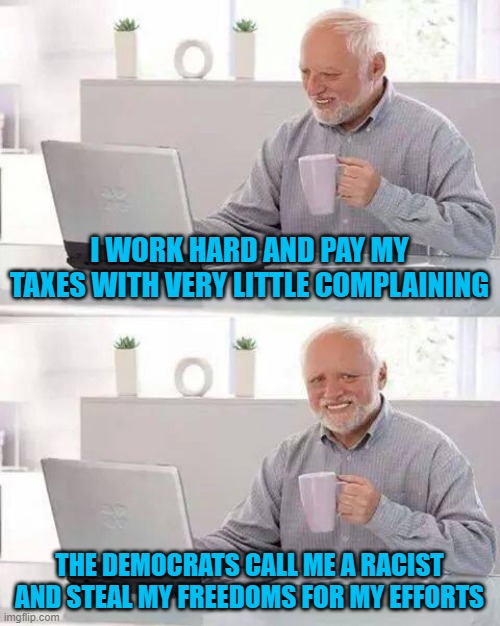 Hide the Pain Harold | I WORK HARD AND PAY MY TAXES WITH VERY LITTLE COMPLAINING; THE DEMOCRATS CALL ME A RACIST AND STEAL MY FREEDOMS FOR MY EFFORTS | image tagged in memes,hide the pain harold | made w/ Imgflip meme maker