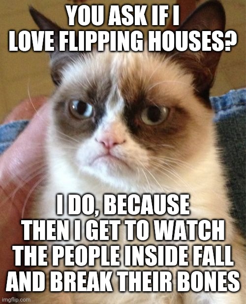 Oof | YOU ASK IF I LOVE FLIPPING HOUSES? I DO, BECAUSE THEN I GET TO WATCH THE PEOPLE INSIDE FALL AND BREAK THEIR BONES | image tagged in grumpy cat,house flipping,funny,cats,dark humor | made w/ Imgflip meme maker