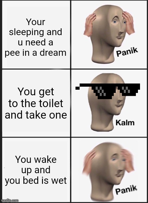 When you have 10 glasses of water before bed | Your sleeping and u need a pee in a dream; You get to the toilet and take one; You wake up and you bed is wet | image tagged in memes,panik kalm panik | made w/ Imgflip meme maker