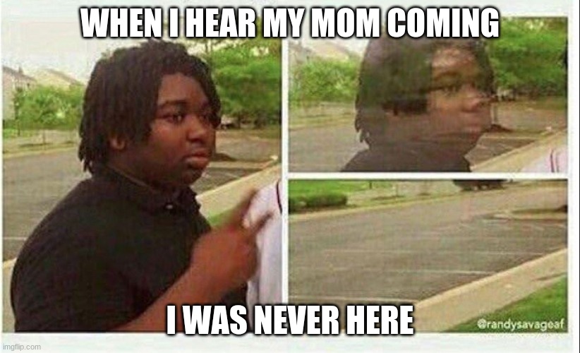 Black guy disappearing | WHEN I HEAR MY MOM COMING; I WAS NEVER HERE | image tagged in black guy disappearing | made w/ Imgflip meme maker