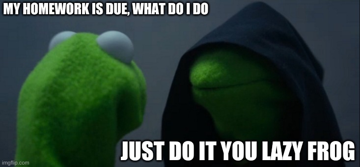Evil Kermit | MY HOMEWORK IS DUE, WHAT DO I DO; JUST DO IT YOU LAZY FROG | image tagged in memes,evil kermit | made w/ Imgflip meme maker