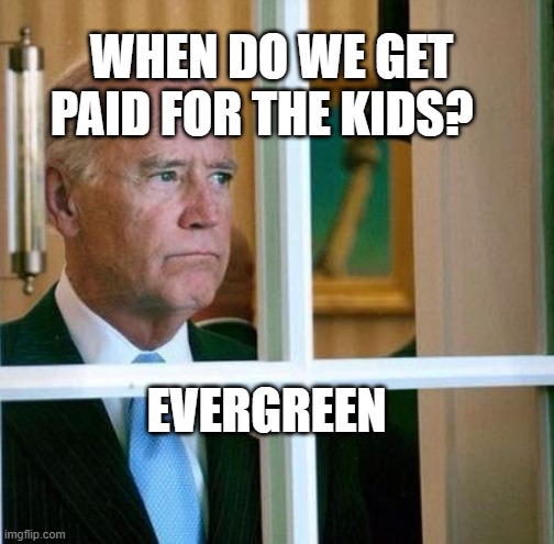 Sad Joe Biden | WHEN DO WE GET PAID FOR THE KIDS? EVERGREEN | image tagged in sad joe biden | made w/ Imgflip meme maker