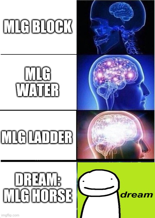Dream | MLG BLOCK; MLG WATER; MLG LADDER; DREAM: MLG HORSE | image tagged in memes,expanding brain | made w/ Imgflip meme maker