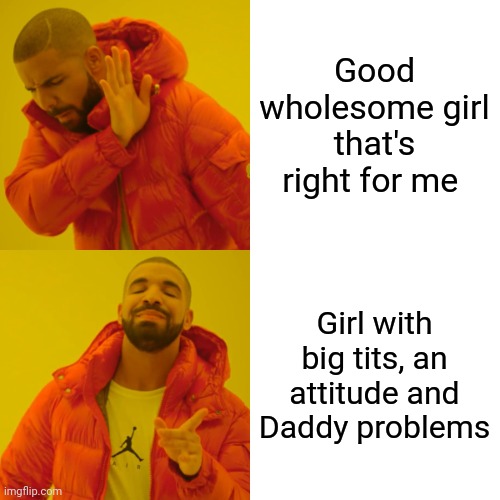 Drake Hotline Bling Meme | Good wholesome girl that's right for me; Girl with big tits, an attitude and Daddy problems | image tagged in memes,drake hotline bling | made w/ Imgflip meme maker